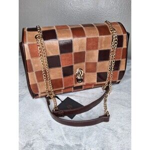 NWT House Of Harlow 1960 Brown Patchwork Shoulder Handbag Gold Chain